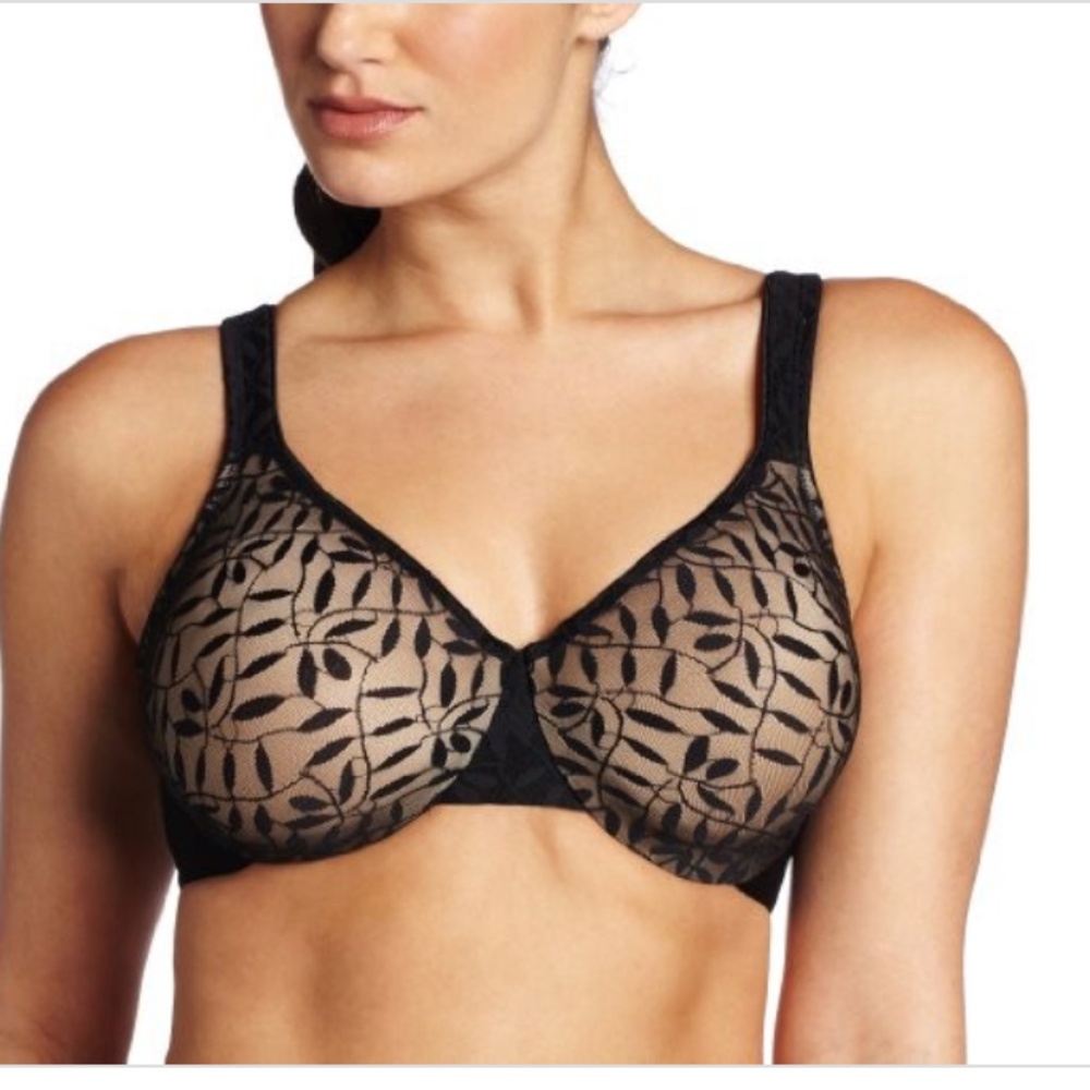 Olga Women's Sheer Leaves Minimizer Bra, Black and French Toast, 36DD NWT